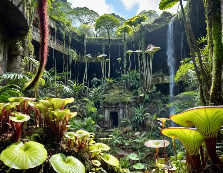 une belle scène de jungle détaillée, forêt tropicale luxuriante, ((carnivorous plants)), ruines antiques, plantes carnivores, fl...