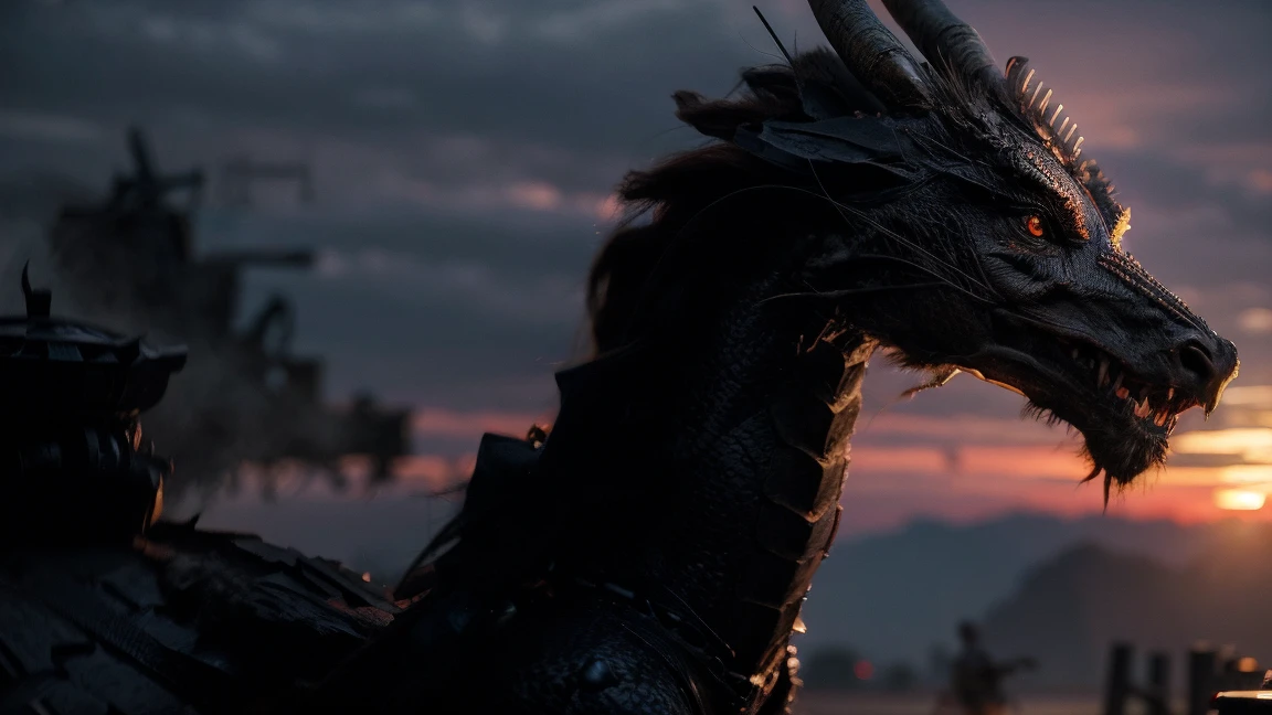 a beautiful girl, dragon, bokeh, realistic lighting, blood, war, the girl in shining battle armor stands before a massive dragon with wide wings, surrounded by the chaos of battle with soldiers and horses, dim light from the setting sun filtering through the smoke, tension and determination visible on the girl's face, photography, shot with a Canon EOS R5 camera with an 85mm f/1.2 lens