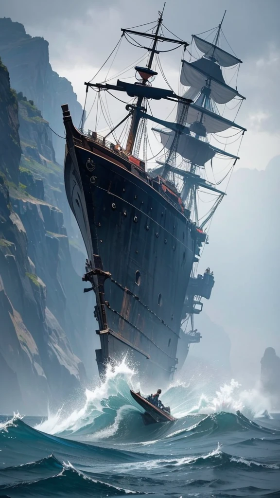 a ancient ship middle an ocean, destroyed and capsized. Some people fall from the ship.The sky is so dark and storm everywhere. Big rain wheater. The ocean waves so big.
