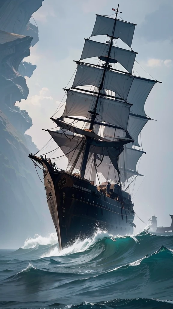 a ancient ship middle an ocean, destroyed and capsized. Some people fall from the ship.The sky is so dark and storm everywhere. Big rain wheater. The ocean waves so big.