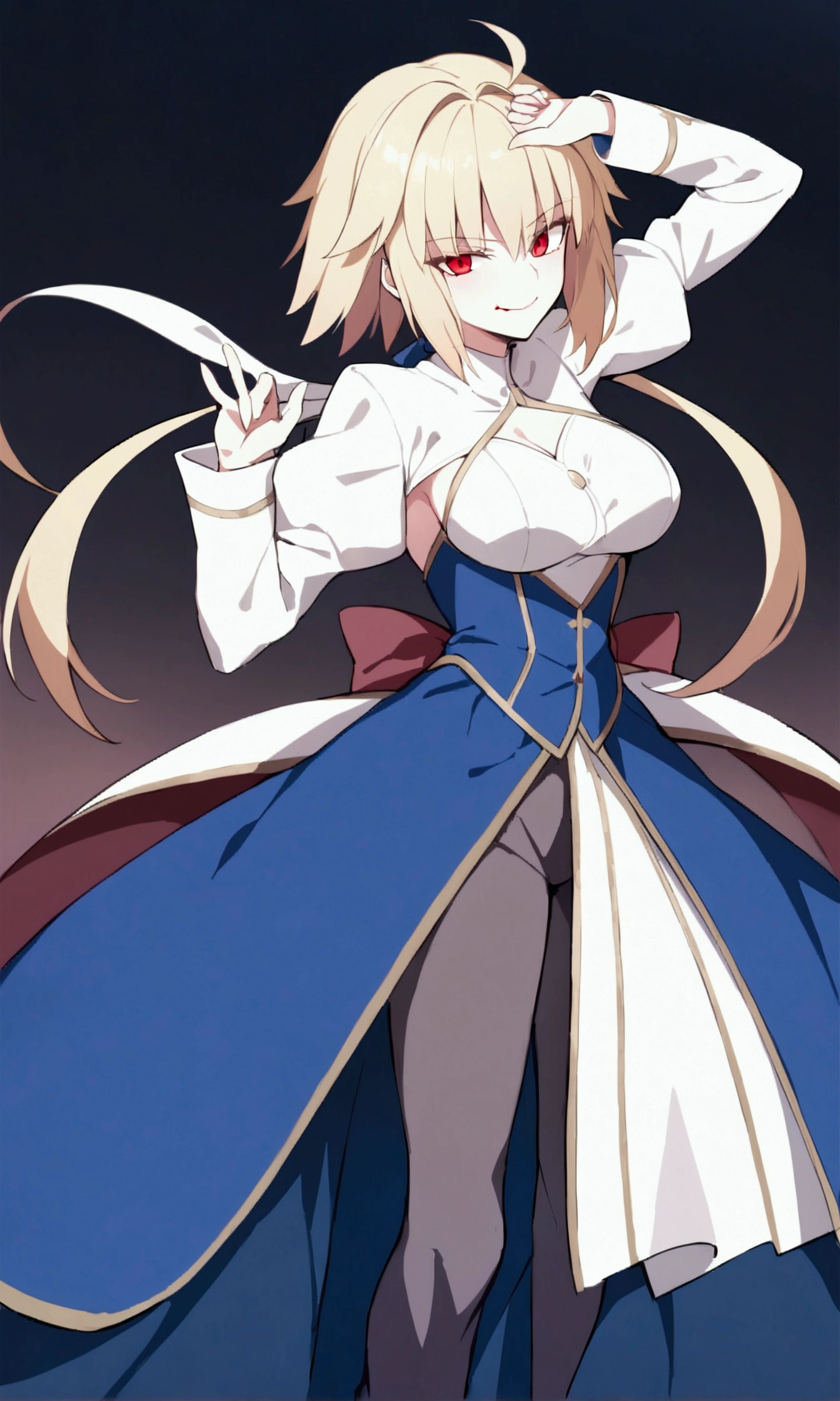 1girl, solo, arcueid brunestud, red eyes, blonde hair, solo, breasts, evil smile, arcueid, blood,