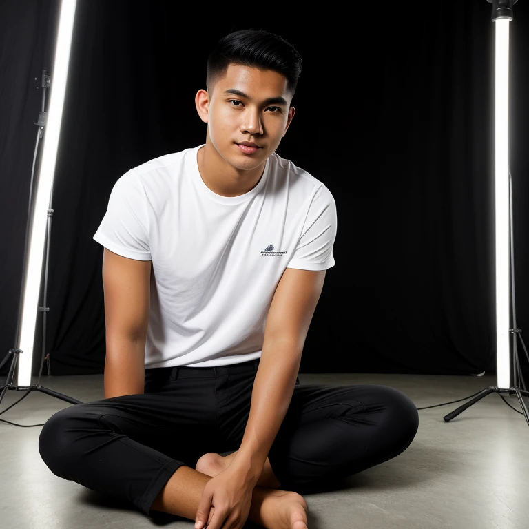Sequential RAW photos, portrait of an Indonesian youth, handsome with short undercut hair, wearing a black t-shirt, black pants, full body sitting in the photo studio, segurando um charuto. Fundo branco, Bright LED headlights illuminate the studio, with the palavra "Studio" written on the back. Realistic shooting, precise details, high quality, HD 16K.
