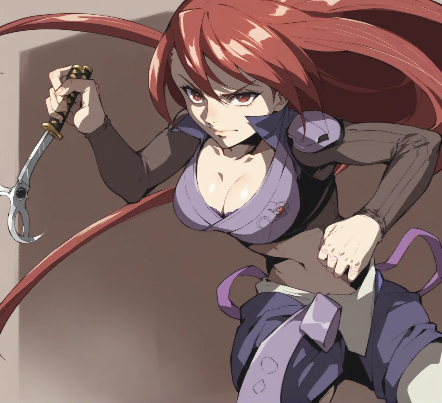 anime girl with red hair and purple bra top holding a pair of scissors, gainax anime style, female action anime girl, guilty gear art style, rogue anime girl, erza scarlet as a real person, epic anime style, advanced digital anime art ”, kurisu makise, portrait ninja gaiden girl, cyborg merchant girl, unsheathing her katana
