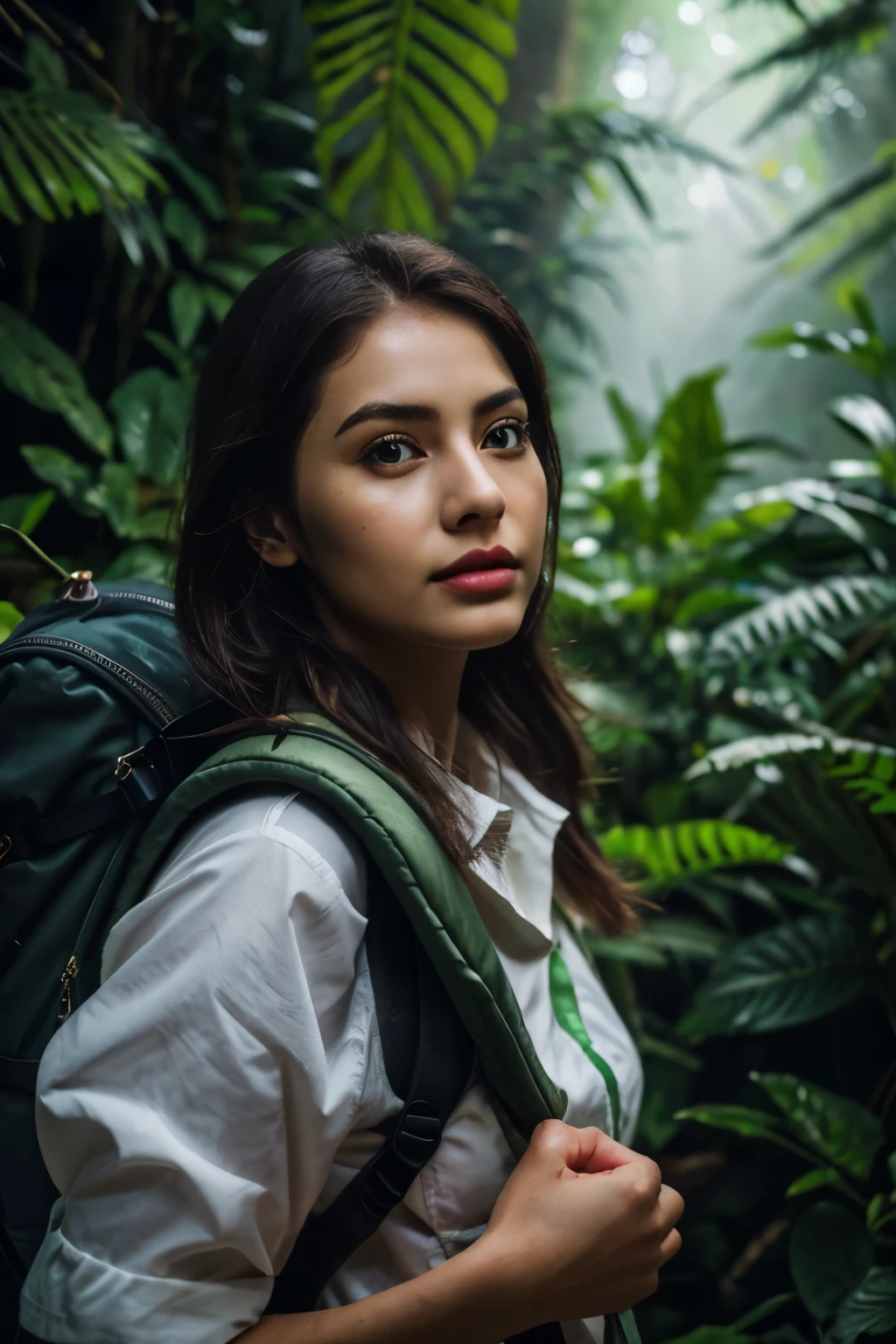 a woman with a backpack walking through a lush, dense rainforest, beautiful detailed eyes, beautiful detailed lips, extremely detailed face and eyes, long eyelashes, adventurous expression, detailed clothing, realistic lighting, volumetric fog, dramatic moody lighting, vibrant colors, stunning 4k, highly detailed, photorealistic, masterpiece