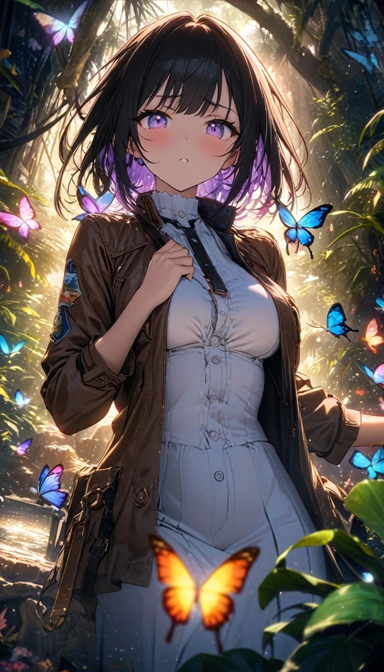 Highest quality, Highest quality, 16K, software, Unbelievably absurd, Very detailed, delicate and dynamic, Natural light, The particles reflect light beautifully, Diffuse reflection of light, Vortex of Light, jungle, jungleに隠された美しい古代遺跡, Colorful butterflies fluttering, Wildlife, firefly, 隠されたtreasure, maze, Skeleton, Create amazing image effects, Body close-up, pyramid, (Cute sexy girl, firm bouncing busts, Sensual expression, Passionate,Serious, Uplifting, Explorer, River Jacket, Explorerの装備, Explorerの服装, Leather boots, treasure)