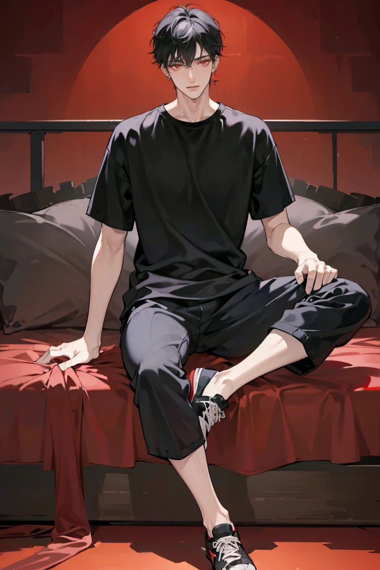 (masterpiece), best quality, seductive eyes, perfect face, handsome man, red eyes, short messy black hair, long nose, plain t-shirt, grey fitted pants, black sneakers, full body, extremely tall man, long legs, long calves, anime cover, 1boy, ear piercings, adult-like look, there's a beautiful background, bad boy
