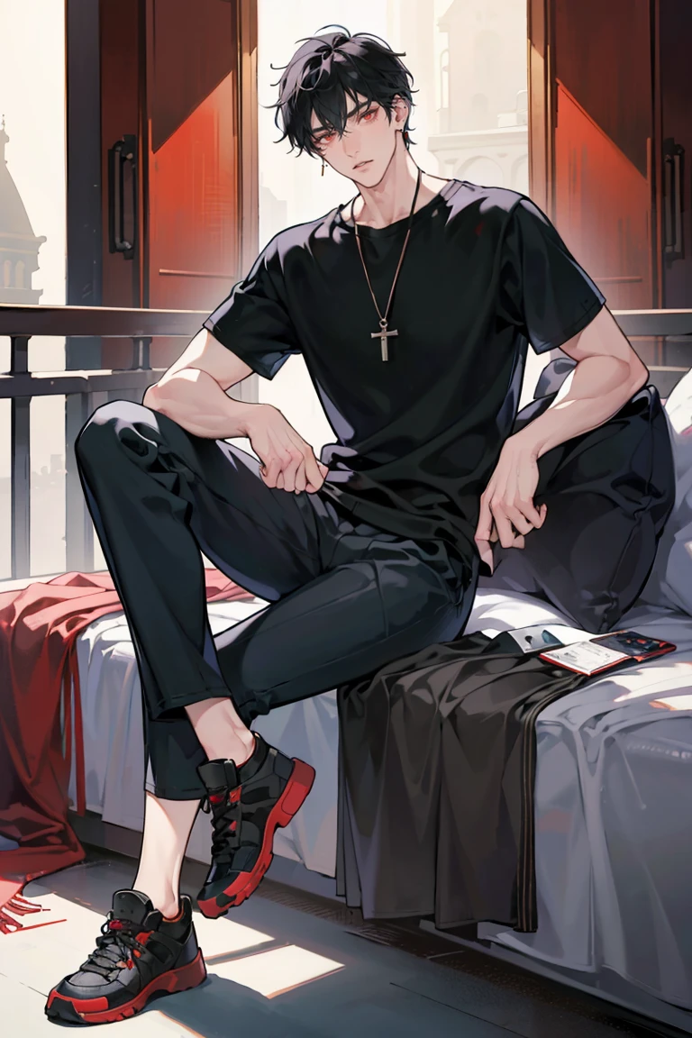 (masterpiece), best quality, seductive eyes, perfect face, handsome man, red eyes, short messy black hair, long nose, plain t-shirt, grey fitted pants, black sneakers, full body, extremely tall man, long legs, long calves, anime cover, 1boy, ear piercings, adult-like look, there's a beautiful background, bad boy