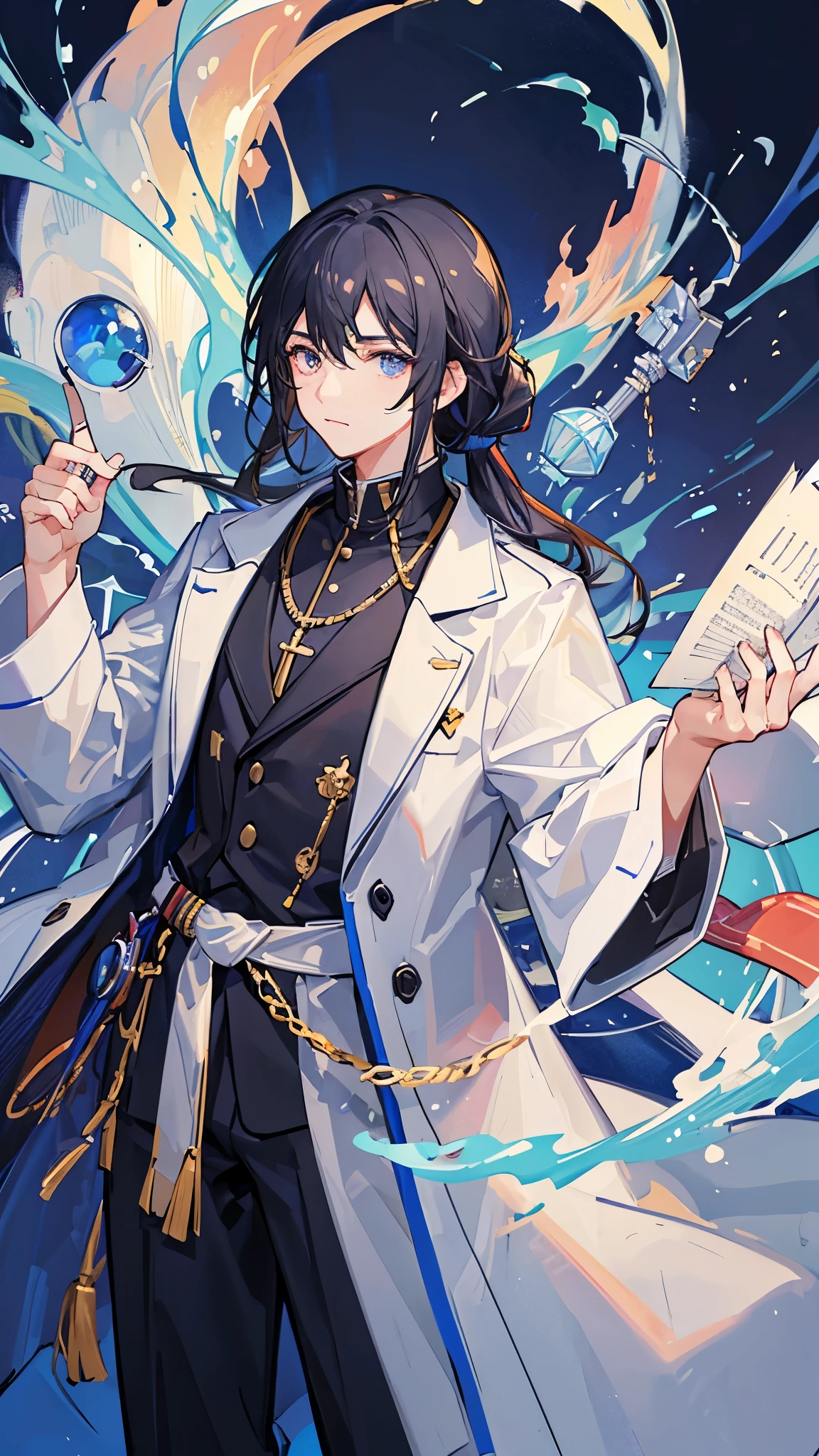 (Highest quality)), ((masterpiece)), (detailed),Background is the research institute、I have documents in my hand、Researcher、A man around 35 years old、A man with waist-length black hair tied back、Wearing a white lab coat,Eye color is a calm blue、Where to Find Them Lab。