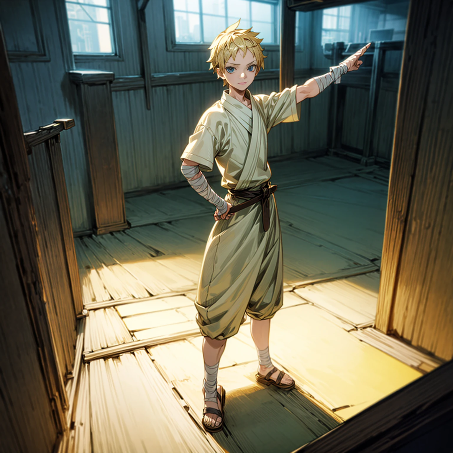 1boy, Full body version, 1character, blue eyes, short haircut, blonde color hair, bandage on head, casual style outfit, sandals, Grassroots, full background indoor building, motion blur, (one piece style art), knife in hand, standing gesture