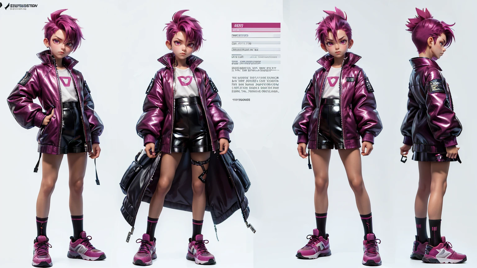 cute face boy, cute face, short height boy, wearing casual futuristic Magenta color pent, Magenta full body dress, full standing pose, Mohawk hairs, Mohawk hair style, sports shoes, Character Sheet, 12 yo student, Full body, Simple white background, front straight pose character reference sheet, Concept art, design sheet