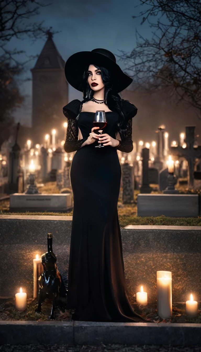 Woman with black hair, in a full black dress, with square details and hat, holding a glass of wine, in a cemetery at night next to a candle, witch style