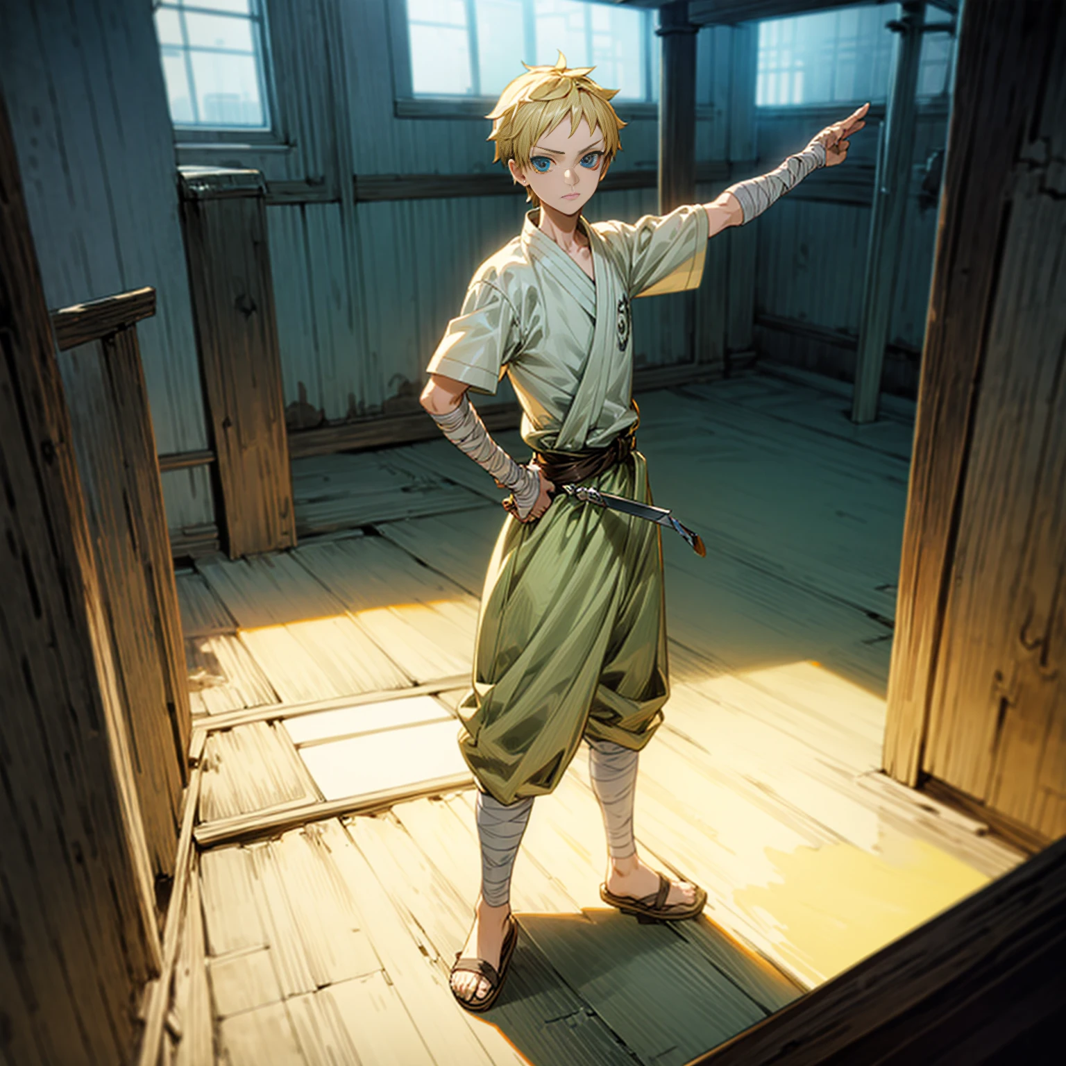 1boy, Full body version, 1character, blue eyes, short haircut, blonde color hair, bandage on head, casual style outfit, sandals, Grassroots, full background indoor building, motion blur, (one piece style art), knife in hand, standing gesture 