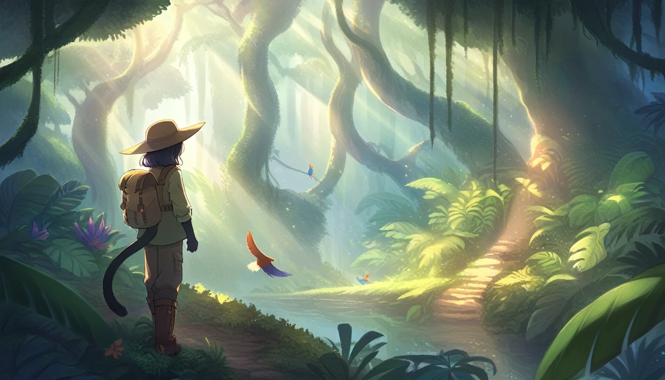 ((Masterpiece)), ((Best Quality)), (Very Detailed), ((Very Detailed)), 4K, (8K), very aesthetic, absurdres highres, 1 girl, (anthropomorphic cat, furry, kemono:1.5), Adventurer, a jungle illuminated by the sunrise. A quiet and peaceful atmosphere, with giant rainforest trees and colorful birds flying between the vine-covered trees. jungle, tropical rainforest, lush trees, untouched, adventurer, detailed attire, khaki long-sleeve shirt, multi-pocket vest, cargo pants, trekking boots, gaiters, wide-brim hat, khaki backpack, gloves, morning light, colorful birds, sunlight reflection, peaceful, mysterious, exploration,