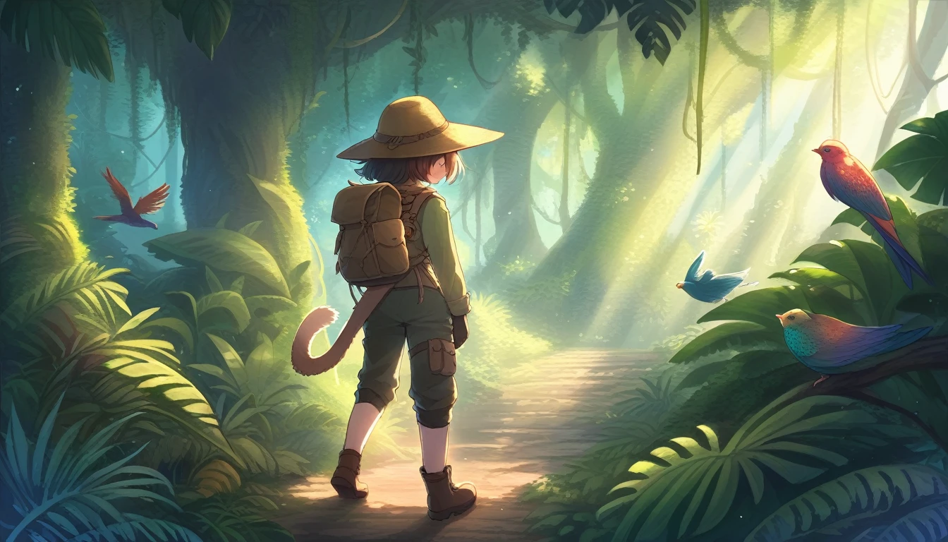 ((Masterpiece)), ((Best Quality)), (Very Detailed), ((Very Detailed)), 4K, (8K), very aesthetic, absurdres highres, 1 girl, (anthropomorphic cat, furry, kemono:1.5), Adventurer, a jungle illuminated by the sunrise. A quiet and peaceful atmosphere, with giant rainforest trees and colorful birds flying between the vine-covered trees. jungle, tropical rainforest, lush trees, untouched, adventurer, detailed attire, khaki long-sleeve shirt, multi-pocket vest, cargo pants, trekking boots, gaiters, wide-brim hat, khaki backpack, gloves, morning light, colorful birds, sunlight reflection, peaceful, mysterious, exploration,