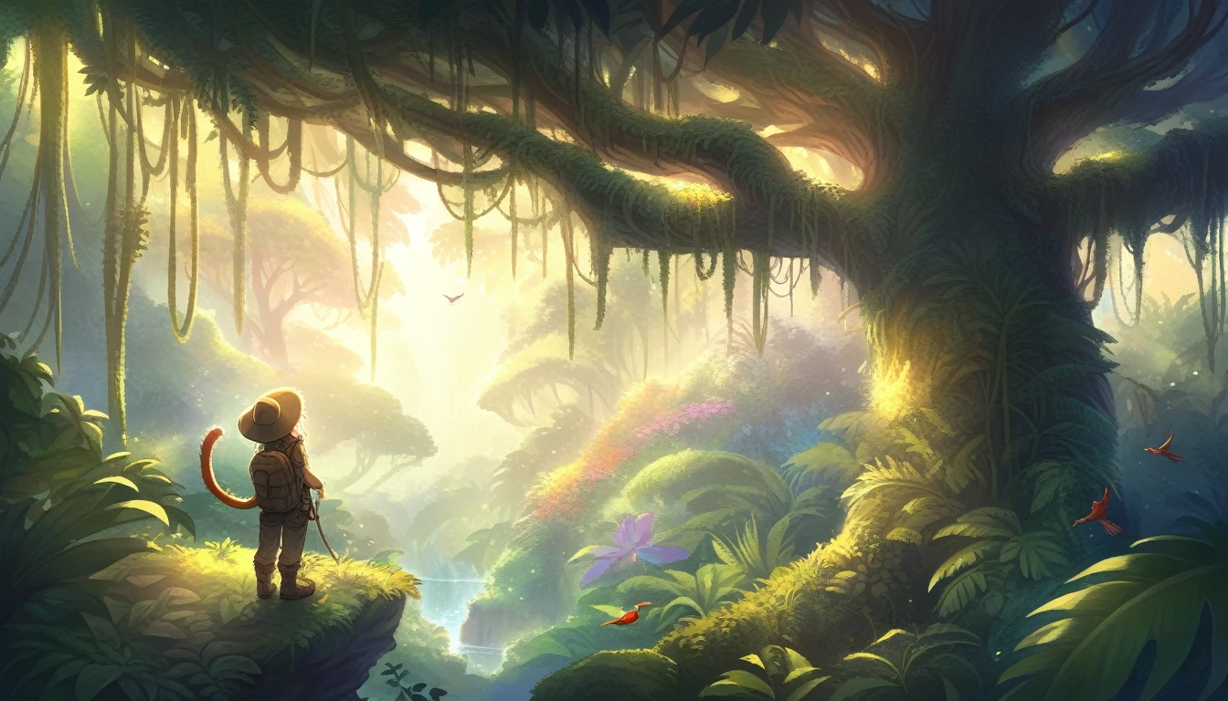 ((Masterpiece)), ((Best Quality)), (Very Detailed), ((Very Detailed)), 4K, (8K), very aesthetic, absurdres highres, 1 girl, (anthropomorphic cat, furry, kemono:1.5), Adventurer, a jungle illuminated by the sunrise. A quiet and peaceful atmosphere, with giant rainforest trees and colorful birds flying between the vine-covered trees. jungle, tropical rainforest, lush trees, untouched, adventurer, detailed attire, khaki long-sleeve shirt, multi-pocket vest, cargo pants, trekking boots, gaiters, wide-brim hat, khaki backpack, gloves, morning light, colorful birds, sunlight reflection, peaceful, mysterious, exploration,