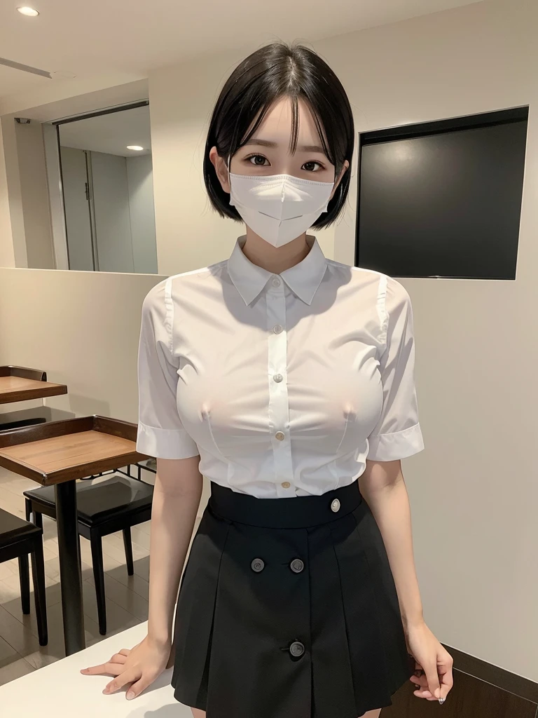 Highest quality、masterpiece、8k、Very detailed、Realistic、Looking at me with a smile、whole body、Black Hair、Short Hair、Small face、Slender、(Very large breasts:1.2)、Thin and beautiful legs、narrow and constricted waist,、(Family Restaurant Uniforms:1.2)、A tight-fitting white shirt with buttons and a collar、A short, black, high-waisted skirt、(Nobody background:1.2)、mask、See-through、Erect nipples、No sleeve