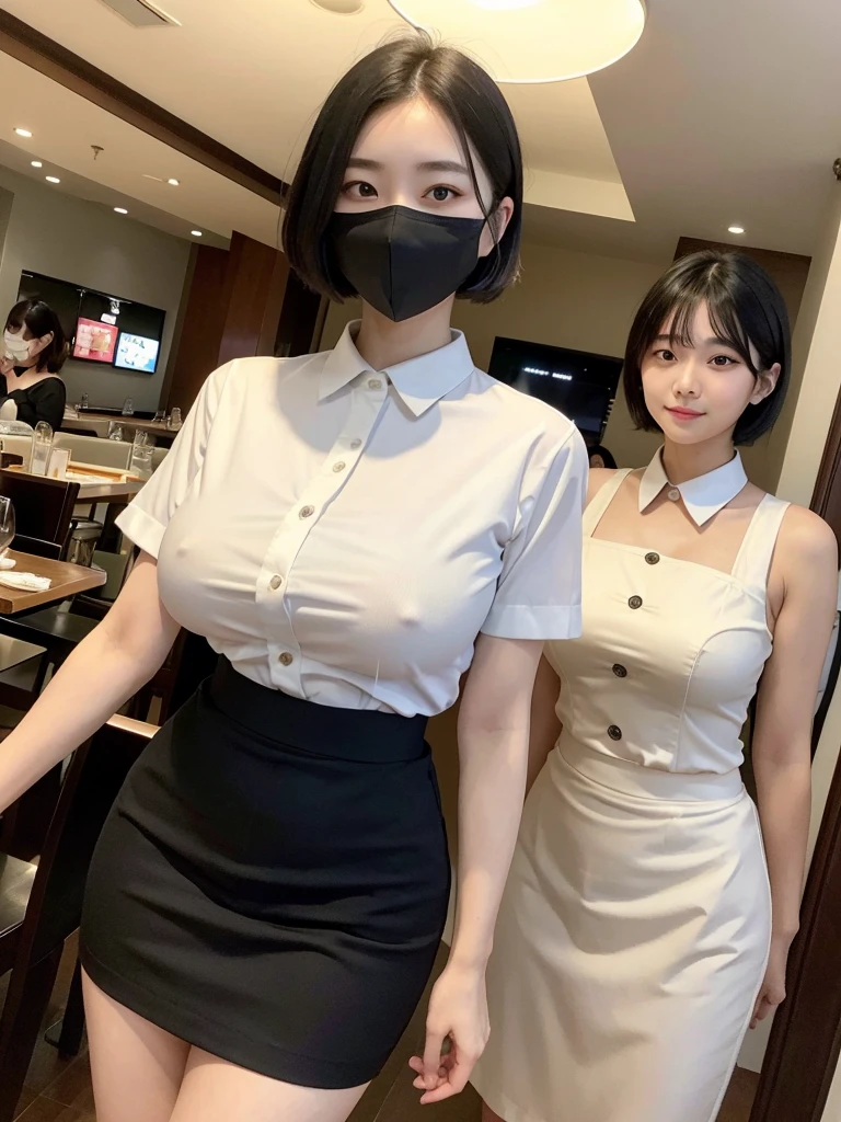 Highest quality、masterpiece、8k、Very detailed、Realistic、Looking at me with a smile、whole body、Black Hair、Short Hair、Small face、Slender、(Very large breasts:1.2)、Thin and beautiful legs、narrow and constricted waist,、(Family Restaurant Uniforms:1.2)、A tight-fitting white shirt with buttons and a collar、A short, black, high-waisted skirt、(Nobody background:1.2)、mask、See-through、Erect nipples、No sleeve