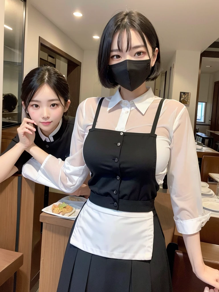 Highest quality、masterpiece、8k、Very detailed、Realistic、Looking at me with a smile、whole body、Black Hair、Short Hair、Small face、Slender、(Very large breasts:1.2)、Thin and beautiful legs、narrow and constricted waist,、(Family Restaurant Uniforms:1.2)、A tight-fitting white shirt with buttons and a collar、A short, black, high-waisted skirt、(Nobody background:1.2)、mask、See-through、Erect nipples、No sleeve