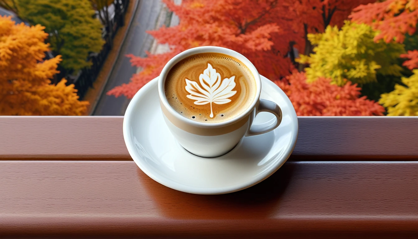 there is a cup of coffee on a saucer on a table, autumn season,cozy cafe background, morning coffee, A coffee, coffee mug, Amazing wallpapers, kawa, high detailed official artwork, portrait of morning coffee, highly detailed scenario, photorealistic illustration, arte de fundo, Relaxing concept art,