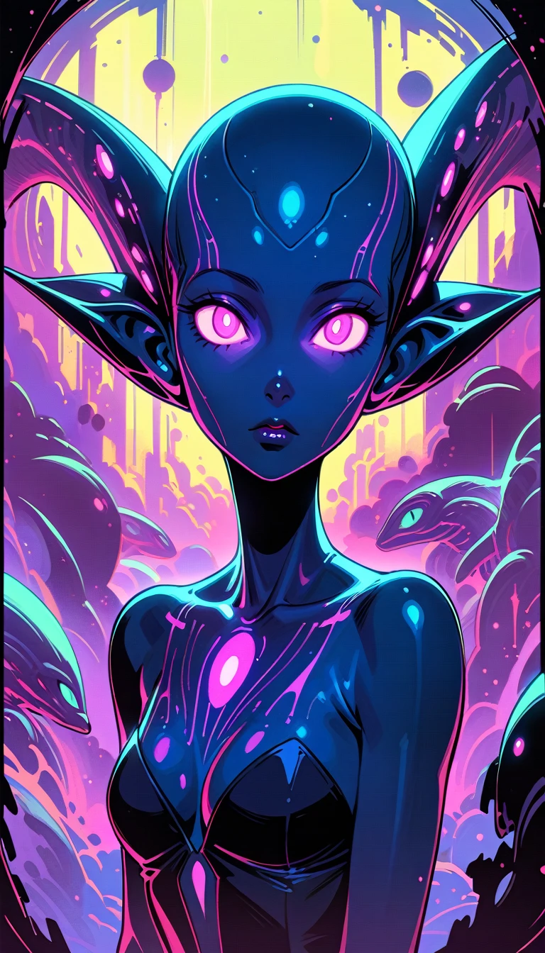 Pokemon finneon but more in humanoid she has The black covered the top half of her head with two pink fins sticking up like ears and two more black ones in the back like pigtails. The rest of her body was blue with more black and pink accents, she is showing her pussy 