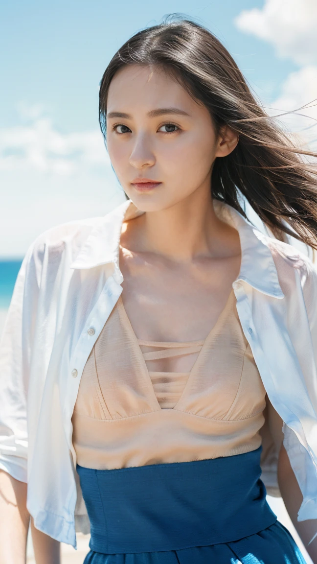 Bottom-to-top drawing:1.53,One Girl、Beautiful and detailed eyes and face、barefoot、 Japanese girl, ((Extremely precise and accurate anatomy:1.0)), (photo Realistic:1.4), (hyper Realistic:1.4), (最高品質のRealisticな肌の質感:1.4), (Improvement of quality:1.4), (Enhances the beauty of skin texture:1.1), Clean and glowing skin, mesh, thin:1.2, (Realistic:1.3), Realisticなライティング, (Smoother lighting:1.05), (Improving the quality of cinema lighting:0.9), Backlight, A gentle light on your face, Ray Tracing, (Bright light:1.2), 32K, One Japanese woman, fine grain, Detailed face, (Film Grain:1.1),(Accentuates body lines:1.1), High resolution, Natural look, Kind eyes, Improves hair quality, Delicate light and shadow, Transparent muscles, Graceful pose, Beautiful Eyes, Sharp details, Soft light reflection, Beautiful contours, Delicate skin tone, Fine hair texture, Natural background, (((sunny day、School zone、A strong wind is blowing、Her hair and skirt are flying、 Open shirt、Pleated skirt、stroll:1.25、Light of the sun、Clear skies、stage、Blue sky and white clouds、The joys of youth)))、