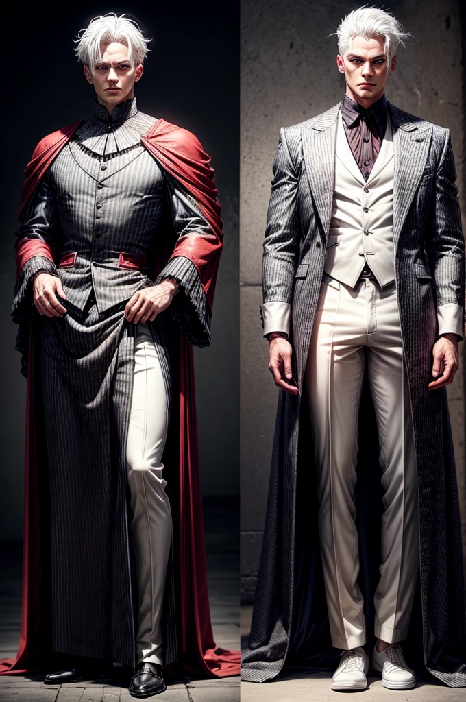 He has white hair, big red eyes with thinned eyelashes.
These are the two outfits they wear most frequently.