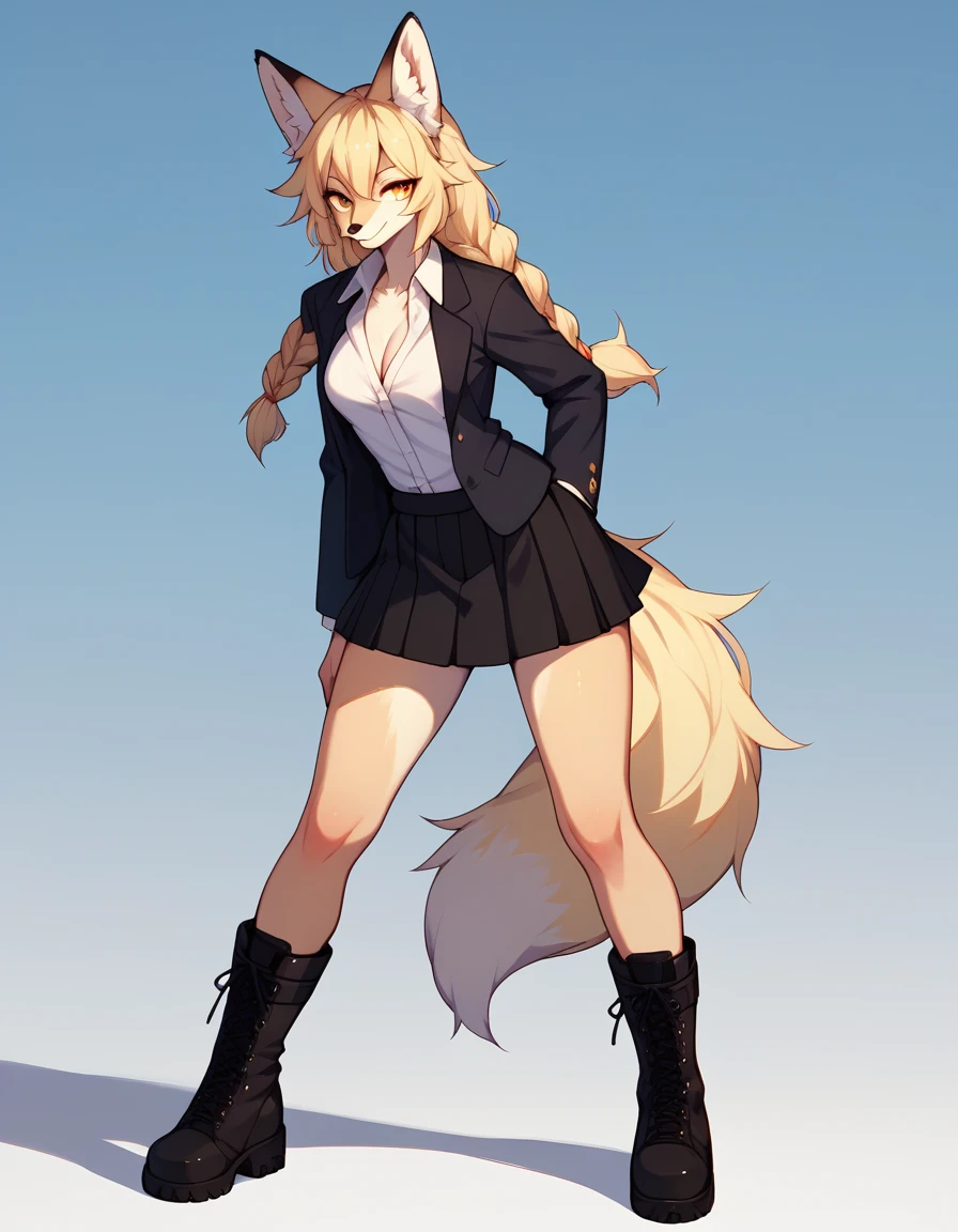 Solo, score_9, score_8_up, score_7_up, score_6_up, score_5_up, score_4_up, kemono style, Anthro, a cute yellow furry fox girl, Kimiko, blonde braided hair, yellow eyes, yellow furry body, fox ears and tail, standing, wearing white dress shirt, black blazer. black skirt, black combat boots