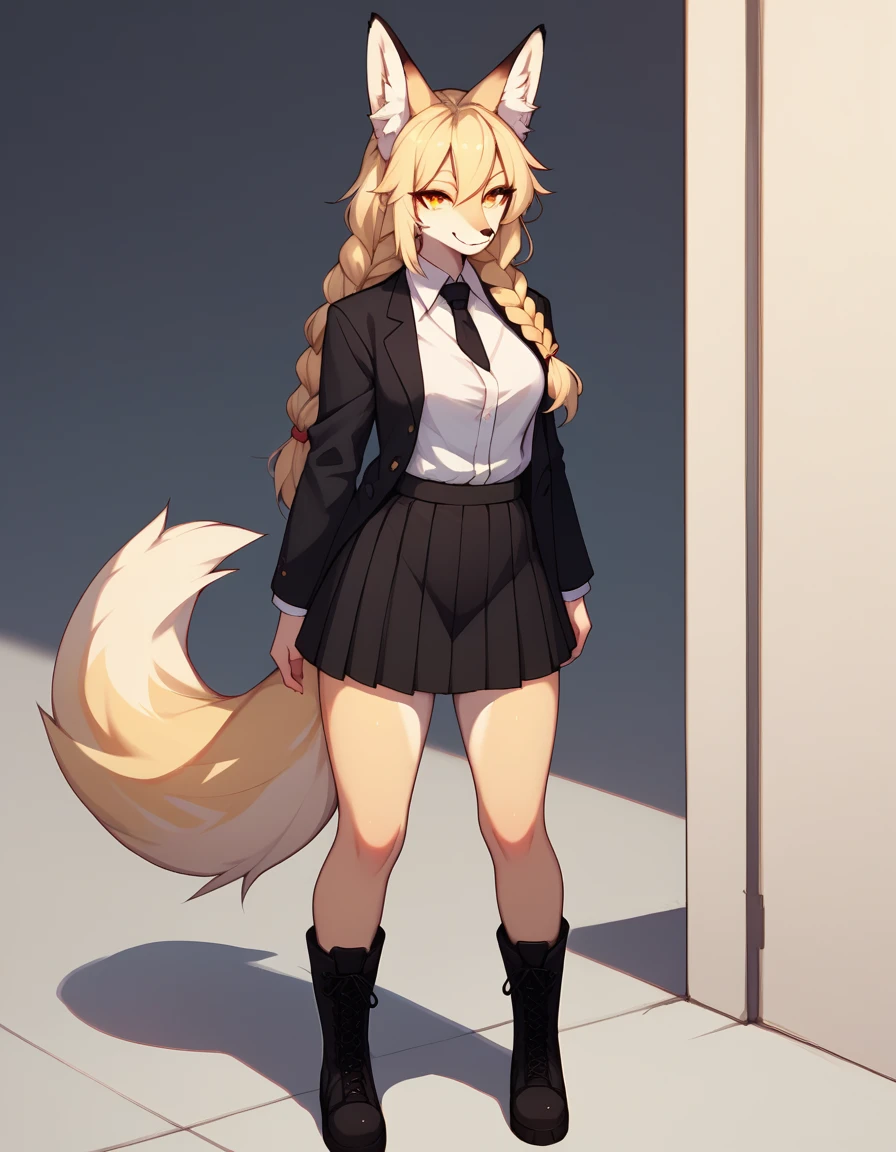 Solo, score_9, score_8_up, score_7_up, score_6_up, score_5_up, score_4_up, kemono style, Anthro, a cute yellow furry fox girl, Kimiko, blonde braided hair, yellow eyes, yellow furry body, fox ears and tail, standing, wearing white dress shirt, black blazer. black skirt, black combat boots