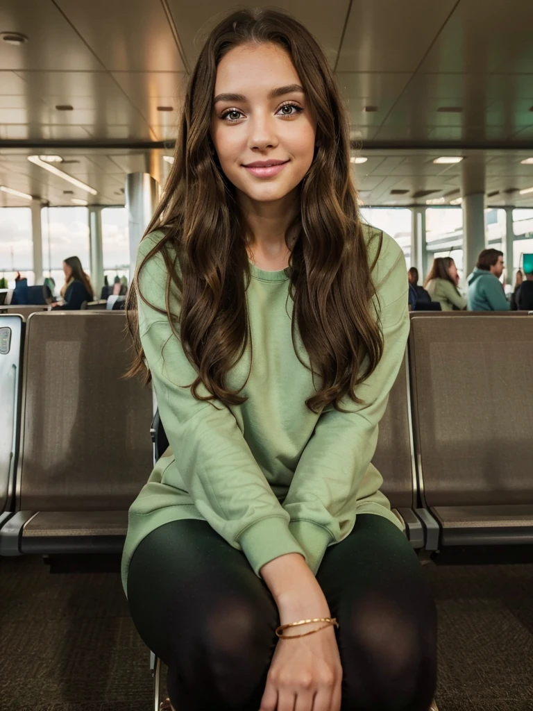 Gorgeous young woman waiting for the plane at the airport,long brown curly hair,green eyes,natural makeup, she wearing a sweatshirt with a leggings,joyfully smiling, enjoying,masterpiece,face realistic,8k,perfect eyes,FujiFilm xt3,Gold hour,85mm,best quality,high resolution