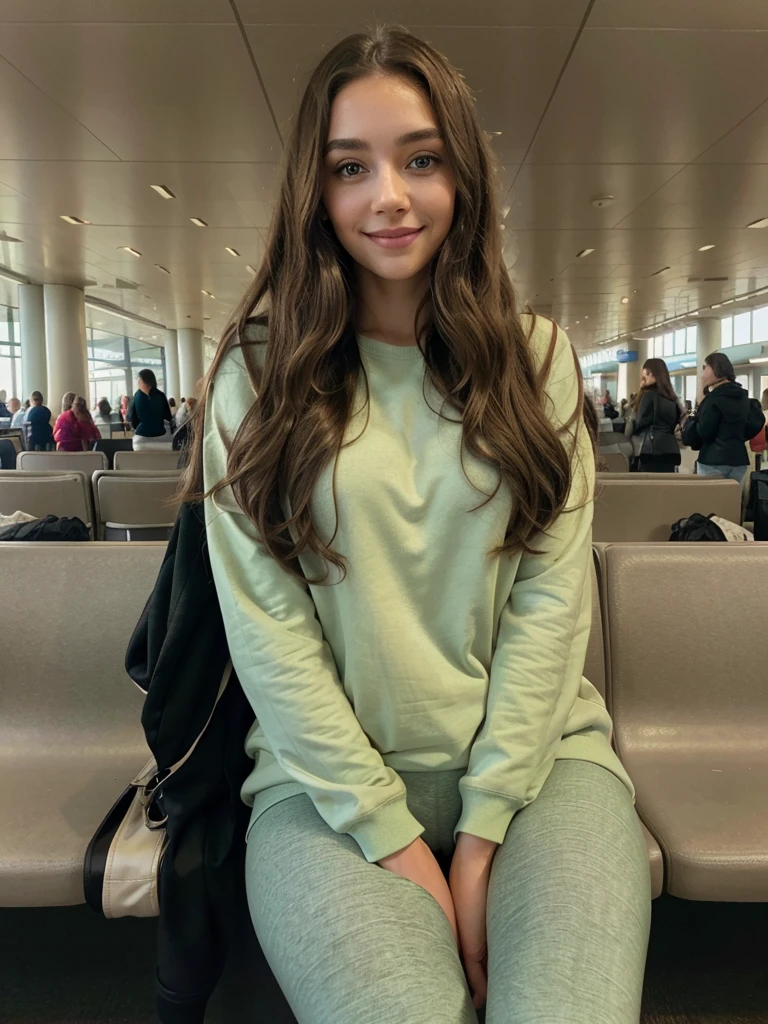 Gorgeous young woman waiting for the plane at the airport,long brown curly hair,green eyes,natural makeup, she wearing a sweatshirt with a leggings,joyfully smiling, enjoying,masterpiece,face realistic,8k,perfect eyes,FujiFilm xt3,Gold hour,85mm,best quality,high resolution