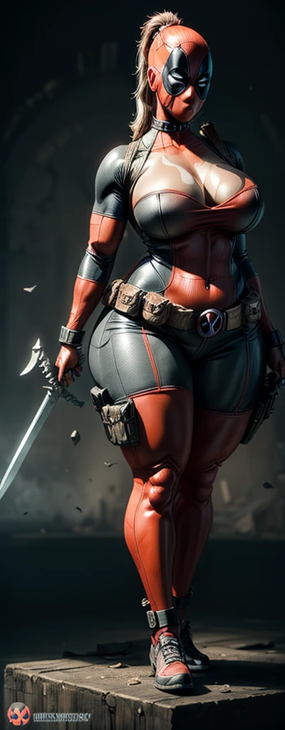 female deadpool, sexy, 3d printed figurine, character design, half naked, busty, ultra thick thighs, huge cleavage, huge body, muscular, wide hips, bodybuilder, muscle, sexy suit, full body, full body suit, unique suit design, black and yellow suit, ultra detailed suit, micro details, deadpool mask on, swords in both hands, tall, on a base, ultra detailed base,concept art, unique pose, expressive, ultra realistic, realism,Expressiveh, soft white light,disney pixar style,DeadpoolStyle, plain grey background