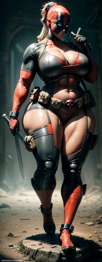 female deadpool, sexy, 3d printed figurine, character design, half naked, busty, ultra thick thighs, huge cleavage, huge body, muscular, wide hips, bodybuilder, muscle, sexy suit, full body, full body suit, unique suit design, black and yellow suit, ultra detailed suit, micro details, deadpool mask on, swords in both hands, tall, on a base, ultra detailed base,concept art, unique pose, expressive, ultra realistic, realism,Expressiveh, soft white light,disney pixar style,DeadpoolStyle, plain grey background