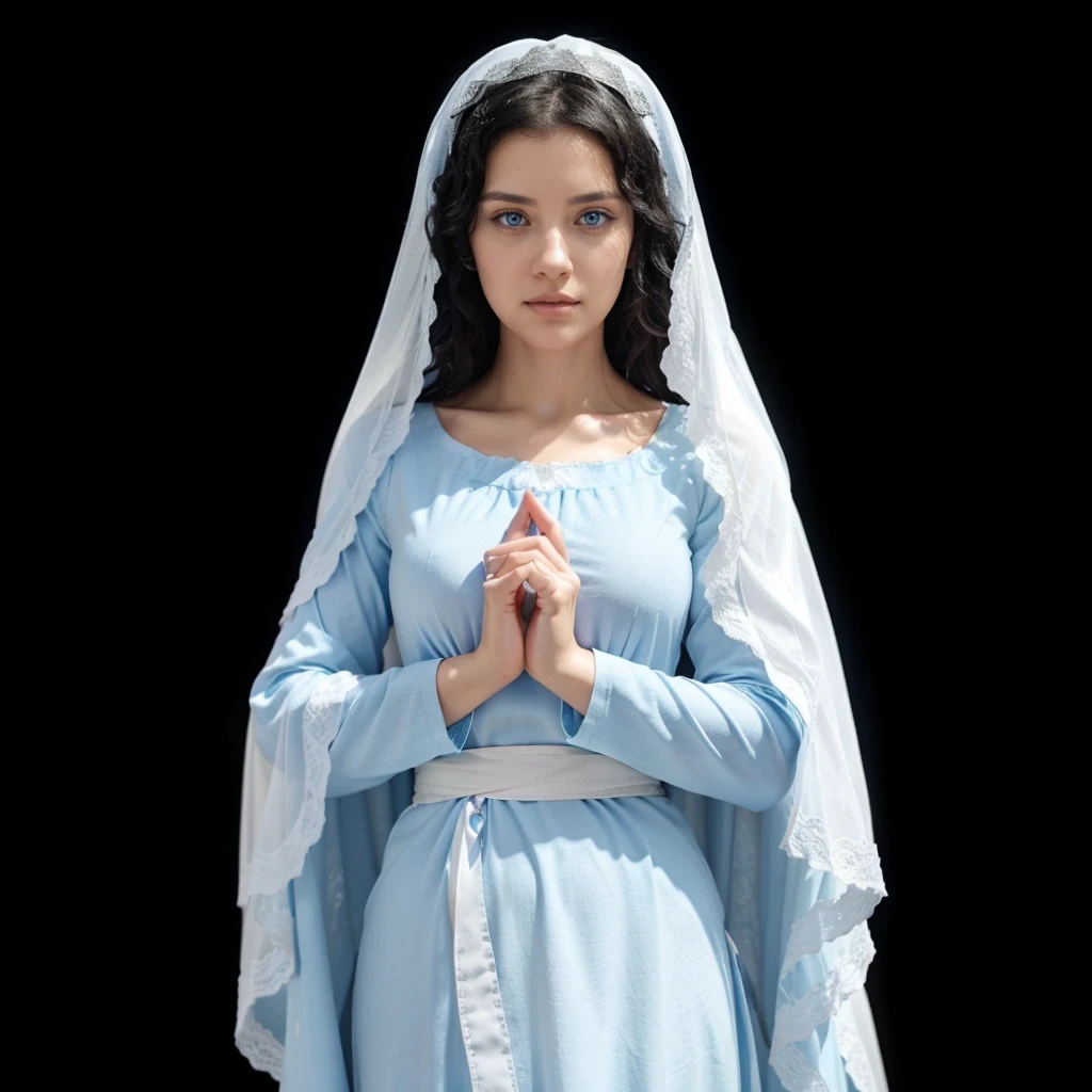 Beautiful woman with light blue eyes, curly black hair, wearing a blue tunic with wide, long sleeves adjusted at the waist by a white sash. Wear a thick white veil.