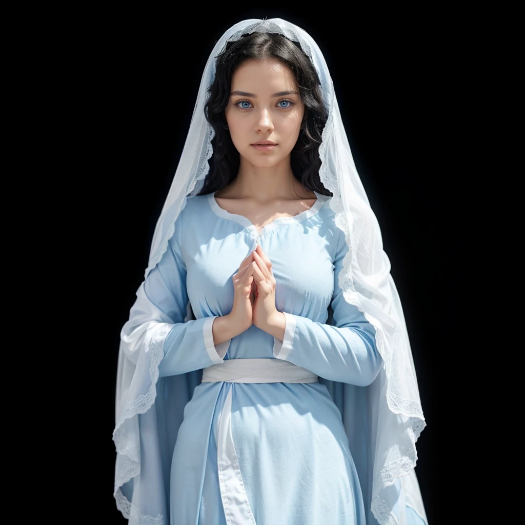Beautiful woman with light blue eyes, curly black hair, wearing a blue tunic with wide, long sleeves adjusted at the waist by a white sash. Wear a thick white veil.