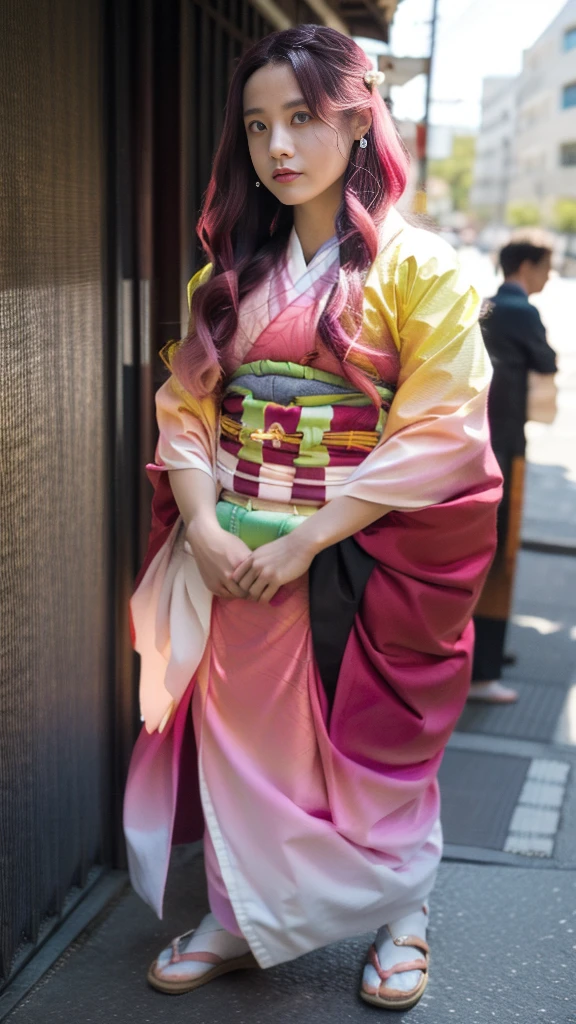 Cute Japanese female, (), (Very cute face: 1.3), White moist skin, Looking at the camera, Melancholy expression,
BREAK,
Idol,
BREAK,
(Wearing cute kimono: 1.3), (Highly revealing kimono), Very large earrings, Short length,
BREAK,
(Fighting pose: 1.3),
BREAK,
(Long hair), (Pink hair: 1.2), (Wavy hair), (Gradient hair: 1.3), (Red hair at the ends),
BREAK,
(Realistic: 1.3), Masterpiece, Perfect lighting, (Ultra-high resolution), (8K), (Highly detailed: 1.4), (From the front), (Full body: 1.3), (Symmetrical: 1.2),
BREAK,
(Japanese city streets: 1.2),
BREAK,
(Demon Slayer: 1.4),
BREAK,
(Hashimoto Kanna: 1.2),
