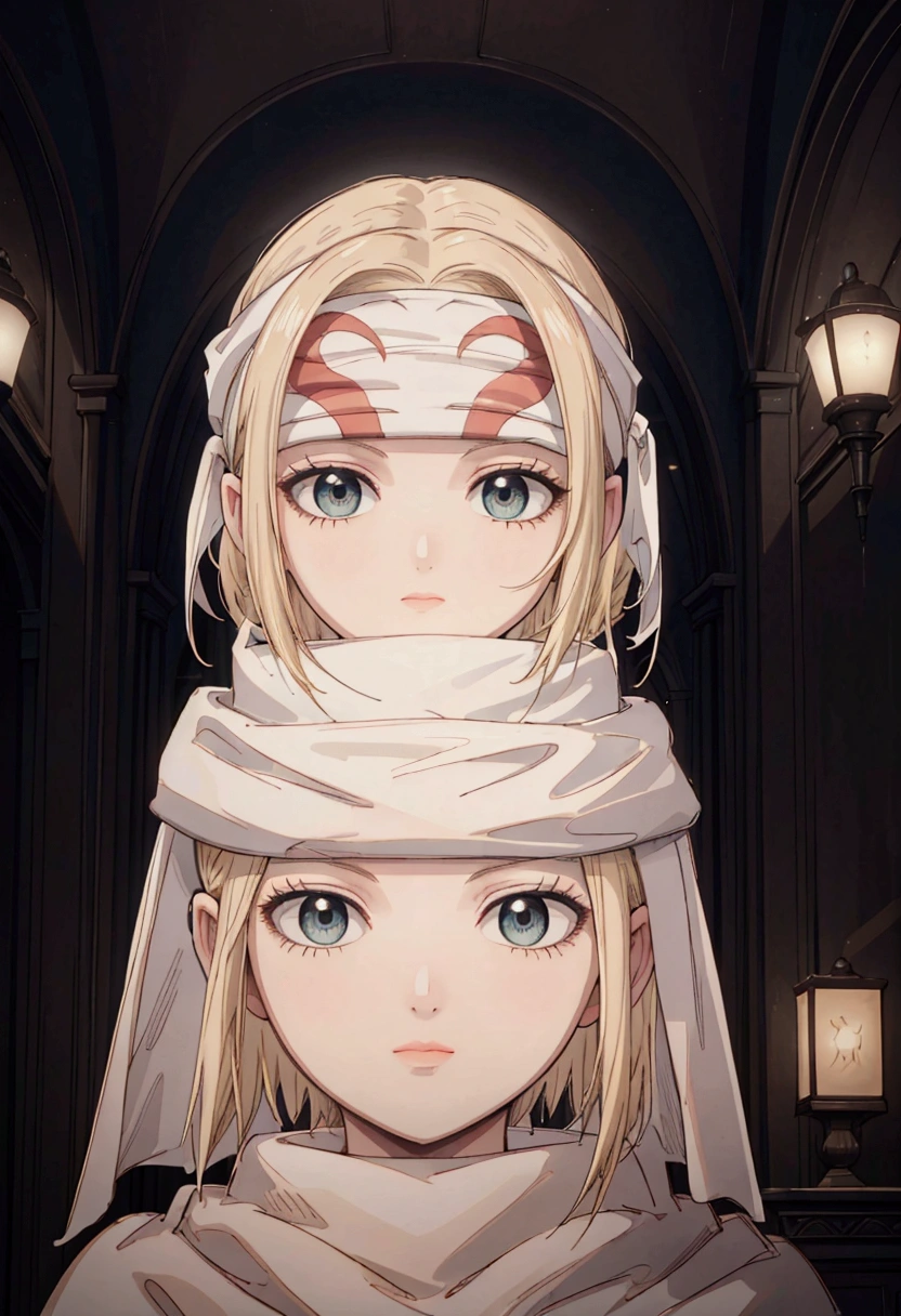 masterpiece), best quality, high resolution blonde 1girl bob cut medium hair standing alone cowl headband profile image looking at viewer beautiful eyes beautiful face extremely detailed