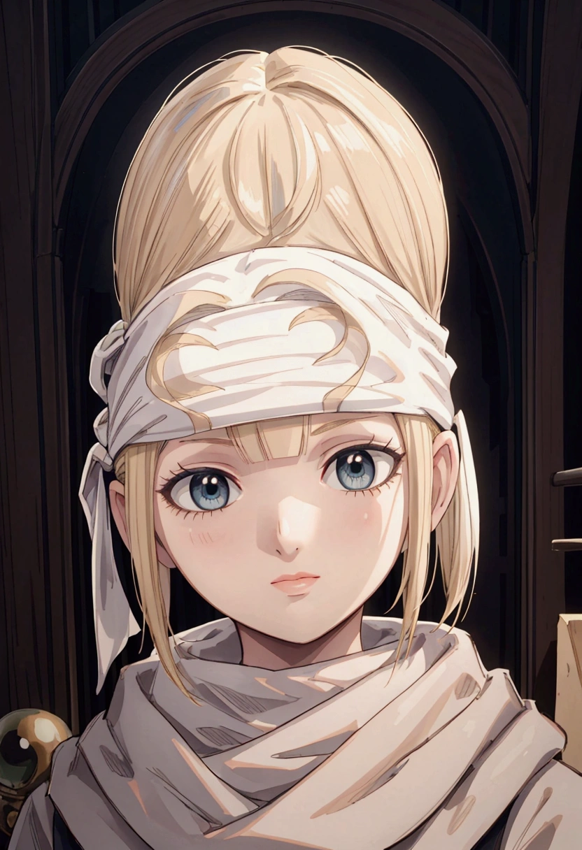 masterpiece), best quality, high resolution blonde 1girl bob cut medium hair standing alone cowl headband profile image looking at viewer beautiful eyes beautiful face extremely detailed