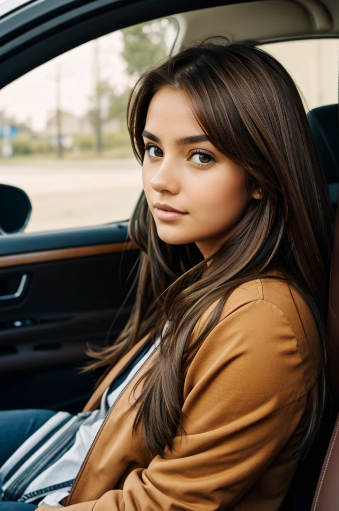 Girl with brown hair and brown eyes inside car