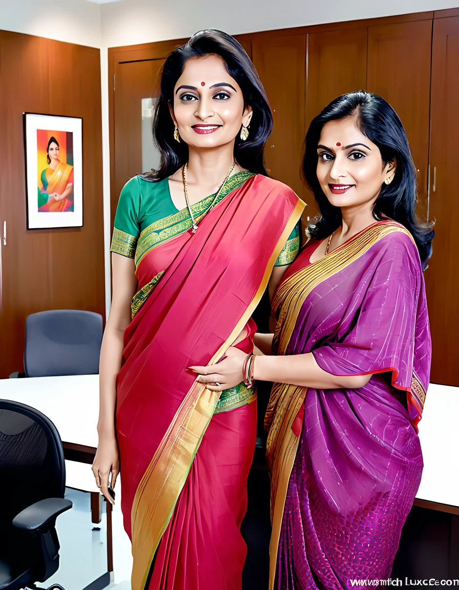 (Masterpiece),(8K),(High Quality),in luxery CEO room,Sixty years old indain lady CEO and 30 years old lady secretery in vibrant sari raised up and showing their pussies,vaginas to each others,Other 40 years old office lady wears sari and woth open blouse showing her breast to CEO and secretery while squeezing her breasts.