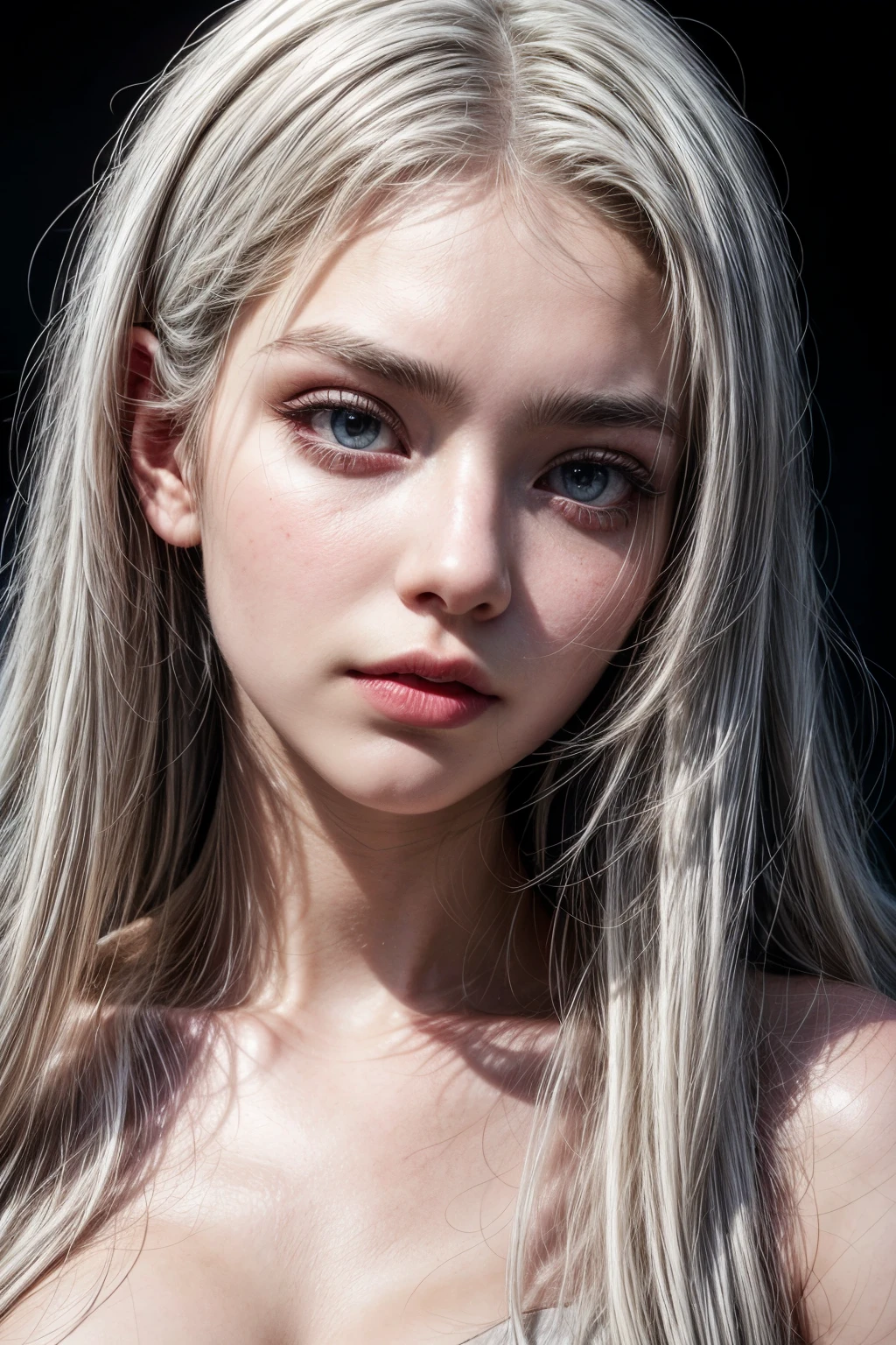 Young woman with white hair and red eyes age 18