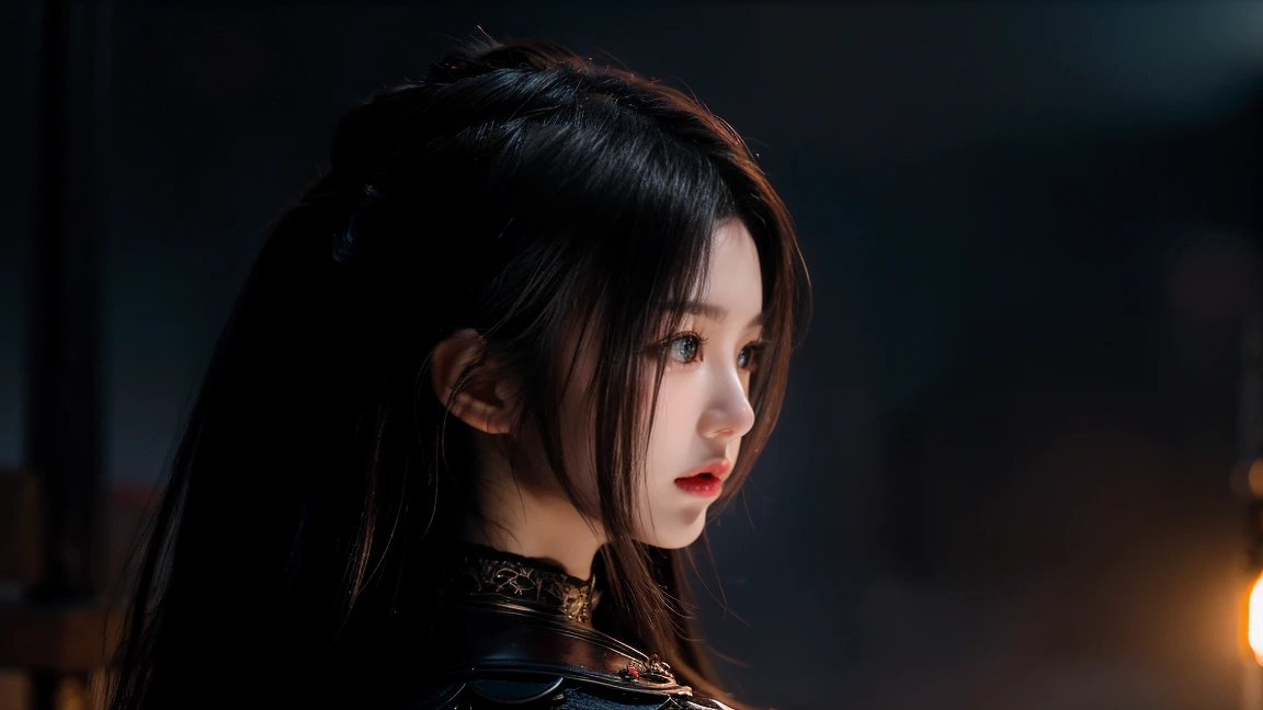 a beautiful girl, dragon, bokeh, realistic lighting, blood, war, the girl in shining battle armor stands before a massive dragon with wide wings, surrounded by the chaos of battle with soldiers and horses, dim light from the setting sun filtering through the smoke, tension and determination visible on the girl's face, photography, shot with a Canon EOS R5 camera with an 85mm f/1.2 lens