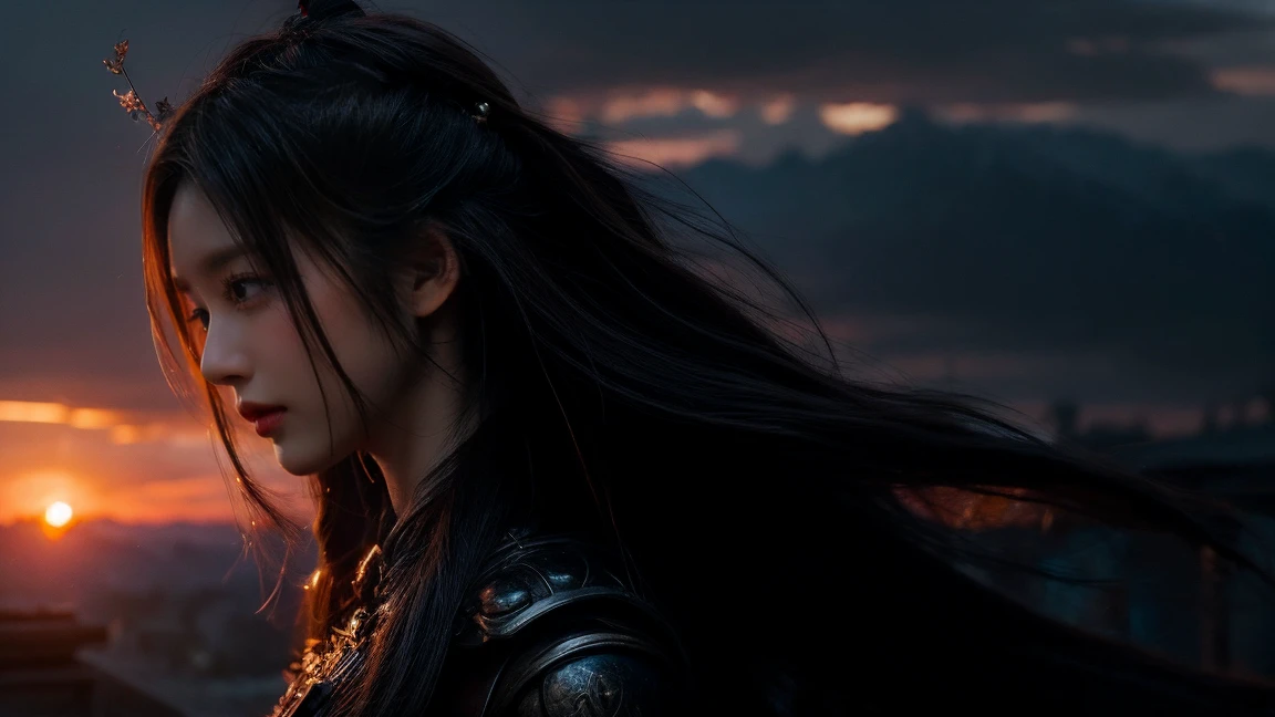 a beautiful girl, dragon, bokeh, realistic lighting, blood, war, the girl in shining battle armor stands before a massive dragon with wide wings, surrounded by the chaos of battle with soldiers and horses, dim light from the setting sun filtering through the smoke, tension and determination visible on the girl's face, photography, shot with a Canon EOS R5 camera with an 85mm f/1.2 lens