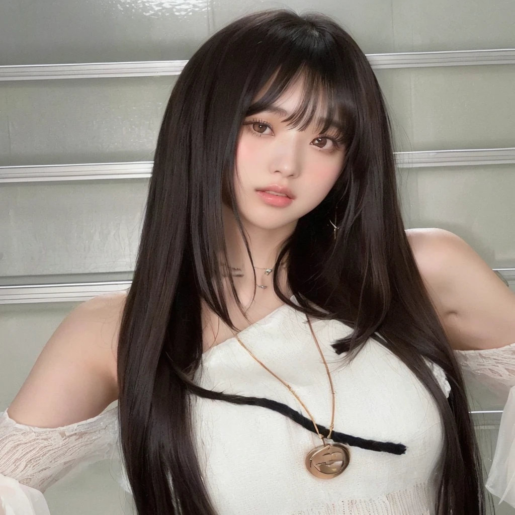 araffe woman with long hair and a necklace posing for a picture, brown long hair with bangs, long hair with full bangs, long hair with bangs, ulzzang, long dark hair with bangs, long straight bangs, with bangs, brown hair with bangs, long black hair with bangs, jaeyeon nam, neat hair with bangs, jinyoung shin