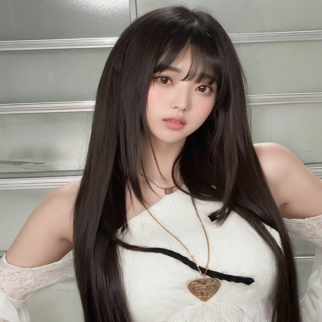 araffe woman with long hair and a necklace posing for a picture, brown long hair with bangs, long hair with full bangs, long hair with bangs, ulzzang, long dark hair with bangs, long straight bangs, with bangs, brown hair with bangs, long black hair with bangs, jaeyeon nam, neat hair with bangs, jinyoung shin