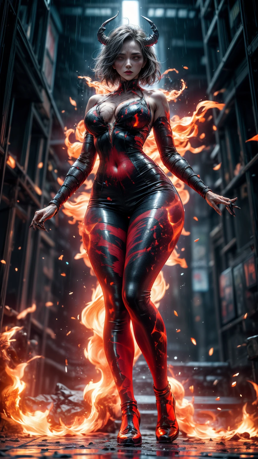 Cinematic effects, raining blood, from below, masterpiece, highest quality, dragonlady queen, perfect demoness, long legs, hourglass figure, curvy hips, perfect eyes, detailed eyes (1.4), slashed up body, cuts and deep wound on body, scars on face, villainous expression, flaming skin body with bioluminescent glowing pattern, ready for battle, blurred stormy background, dark atmosphere, lighting in background,full body,