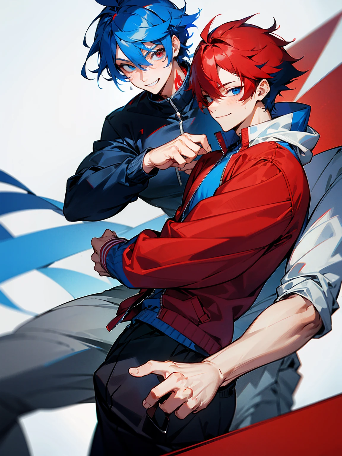 1male, adult, red and blue hair, two toned hair, red and blue varsity jacket, black sweatpants, heterochromia, red eyes, blue eyes, smile, lean build