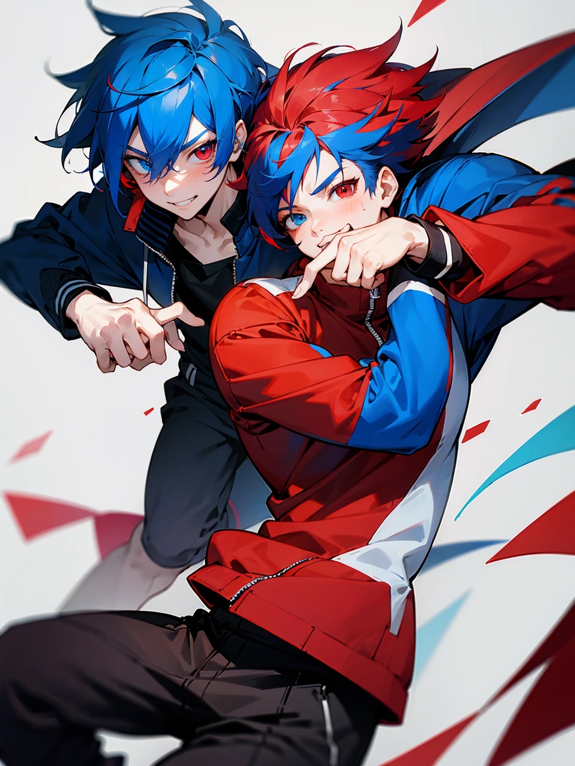1male, adult, red and blue hair, two toned hair, red and blue varsity jacket, black sweatpants, heterochromia, red eyes, blue eyes, smile, lean build