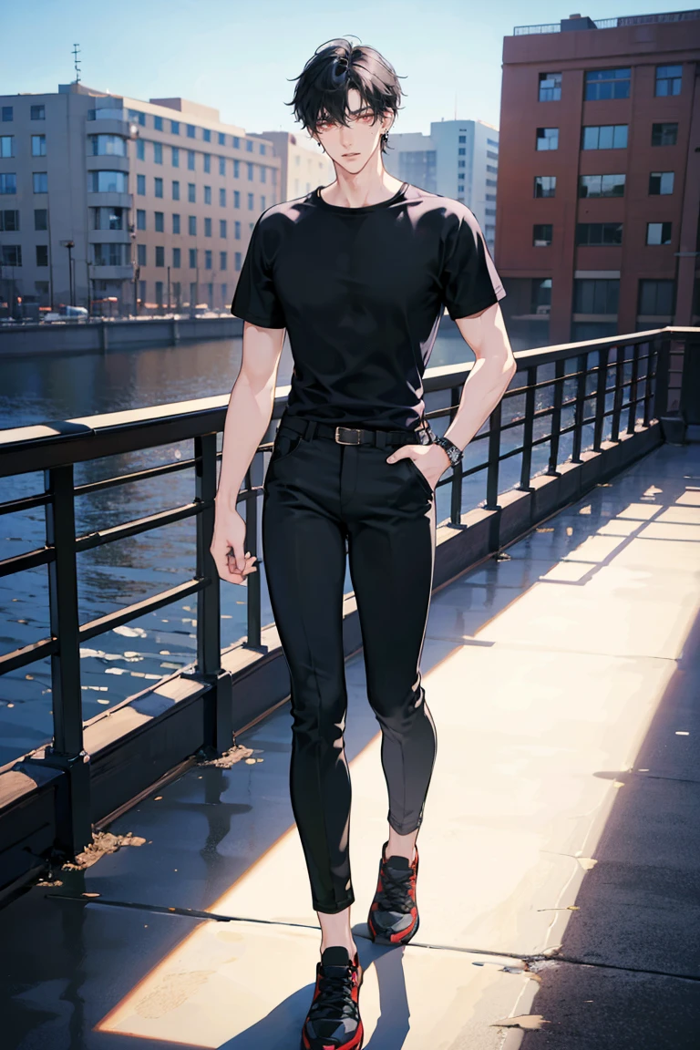 (masterpiece), best quality, seductive eyes, perfect face, handsome man, red eyes, short messy black hair, long nose, plain t-shirt, long black pants, black sneakers, full body, extremely tall man, long legs, long calves, anime cover, 1boy, ear piercings, adult-like look, there's a beautiful background, bad boy