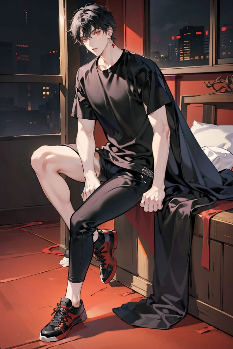 (masterpiece), best quality, seductive eyes, perfect face, handsome man, red eyes, short messy black hair, long nose, plain t-shirt, long black pants, black sneakers, full body, extremely tall man, long legs, long calves, anime cover, 1boy, ear piercings, adult-like look, there's a beautiful background, bad boy