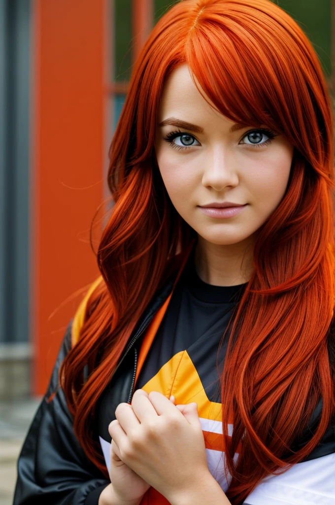 A pokémon trainer with orange eyes and red hair